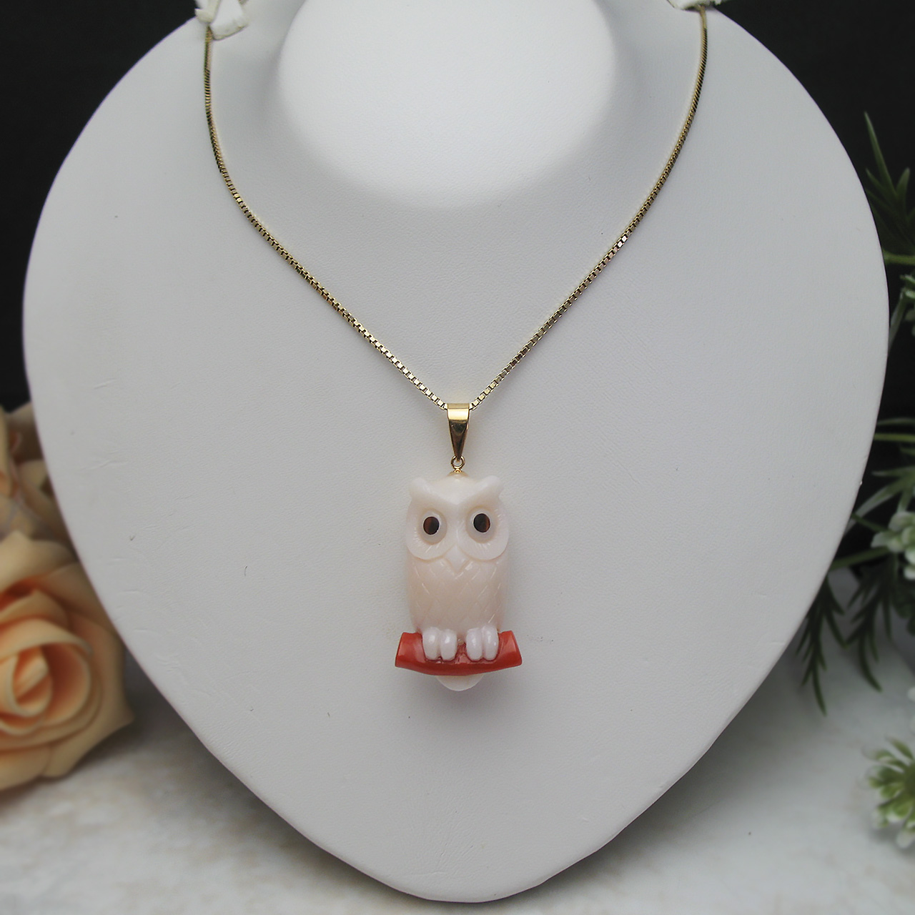 Bijoux fromsea 何だか可愛い♪フクロウK18珊瑚ペンダント - 画像 (2)