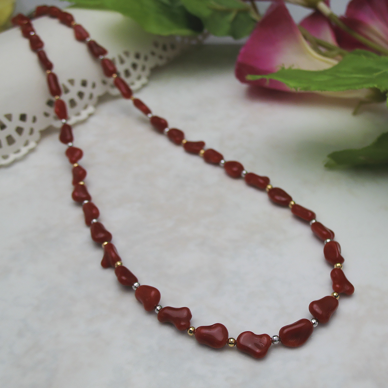 珊瑚ロングネックレス K18・K18WGミラーボール