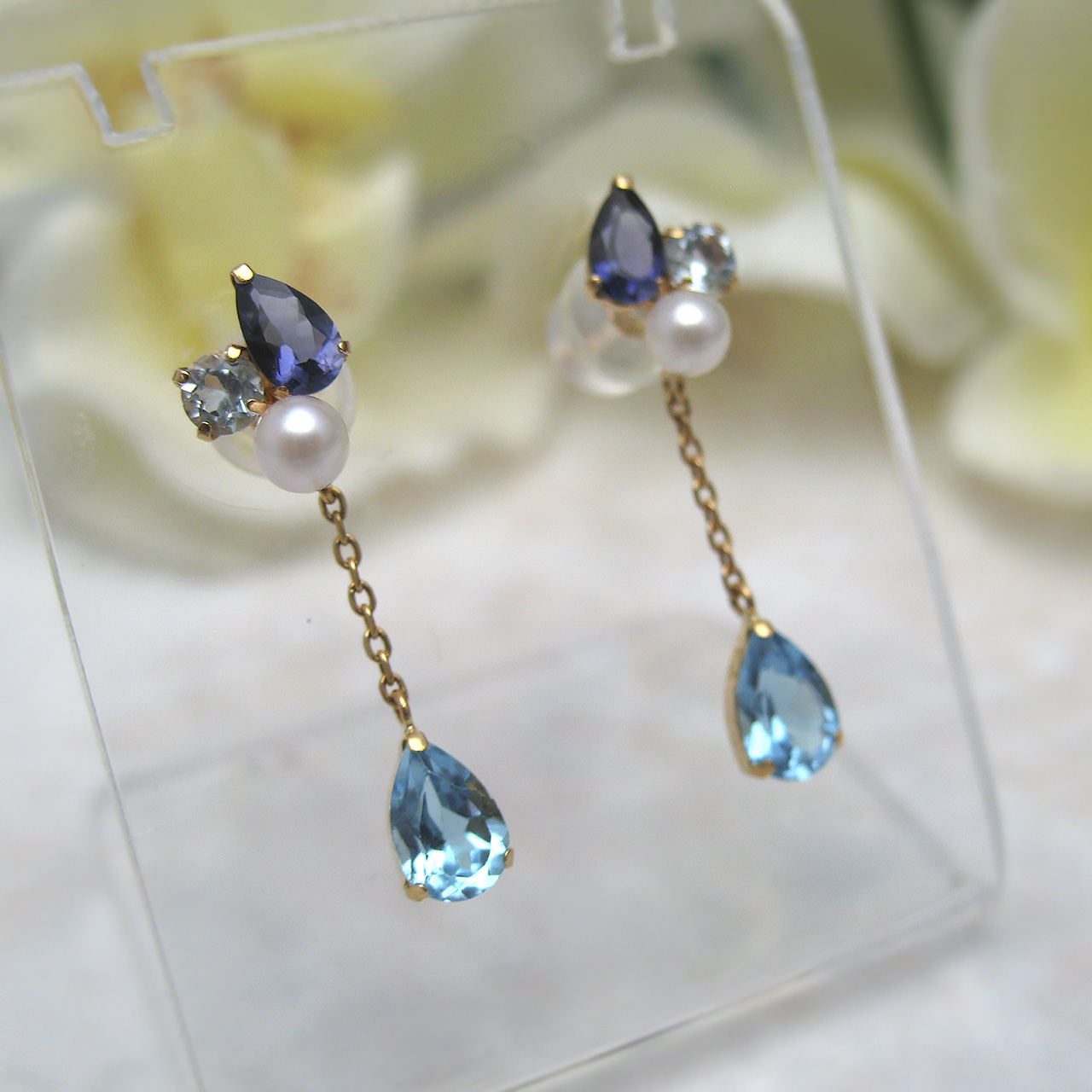 K18あこや真珠&カラーストーンピアスPE-1813