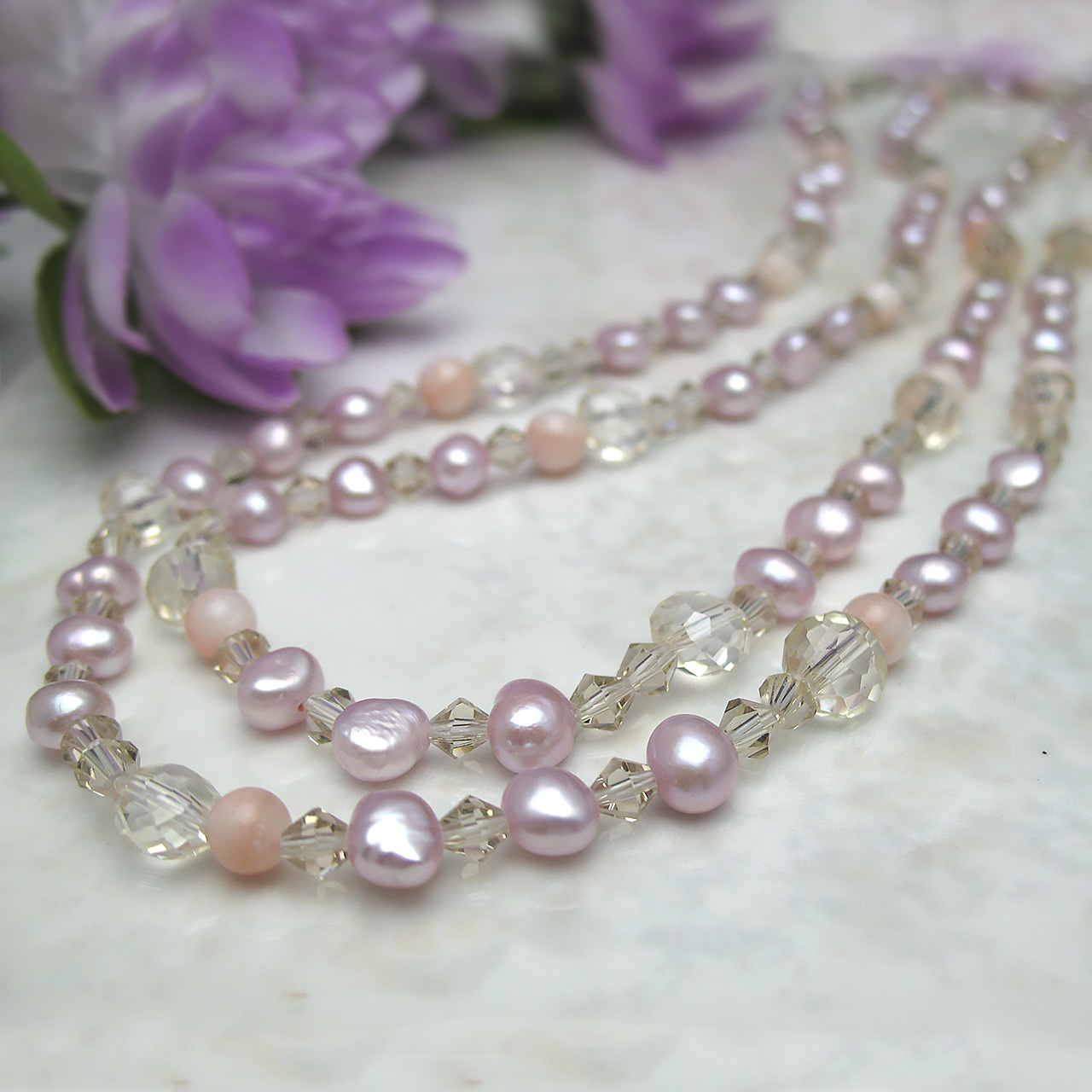 淡水真珠＆水晶・桃色珊瑚ネックレス - 画像 (5)