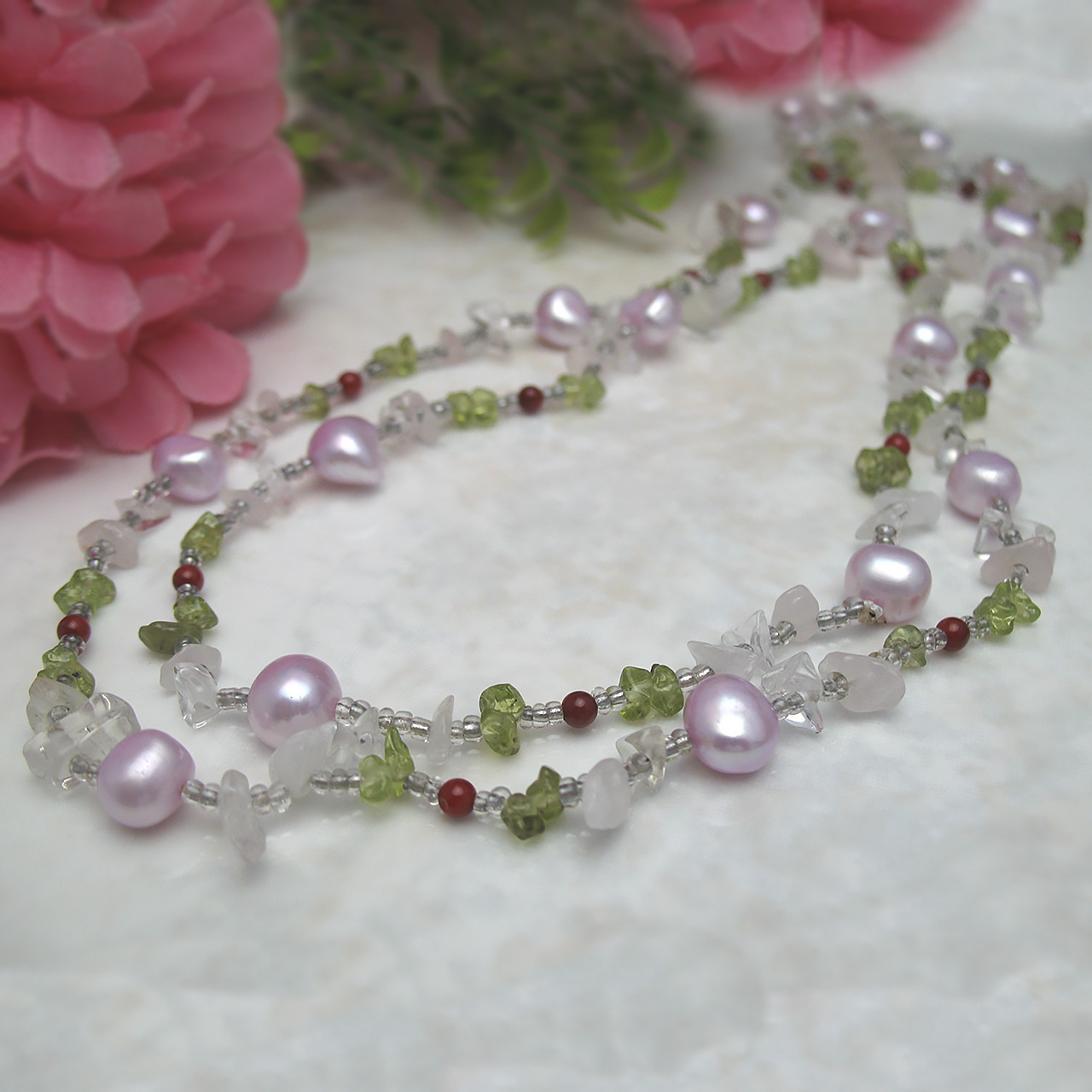 淡水真珠・ペリドット・朱赤珊瑚・水晶ネックレス - 画像 (5)