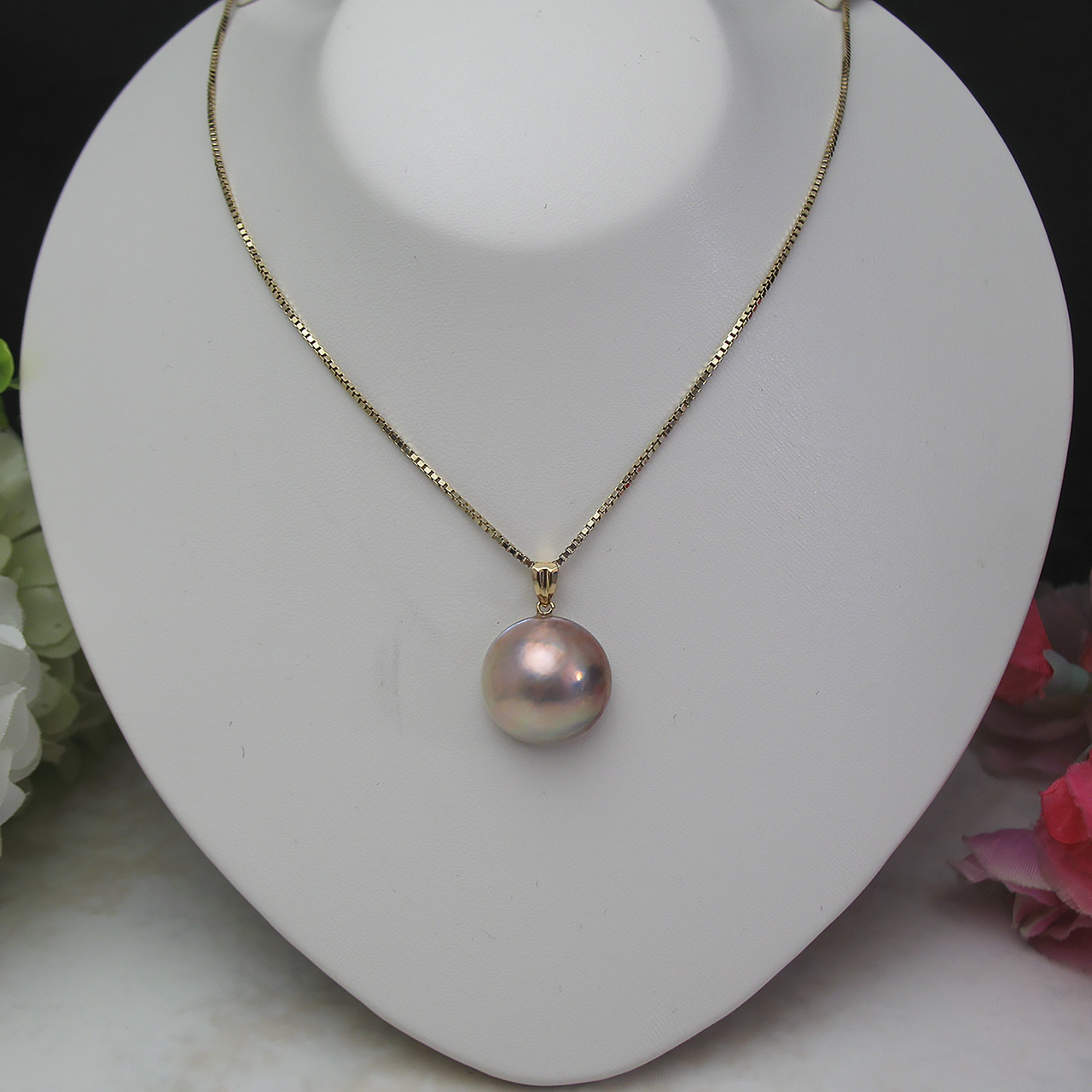 K18 茜色マベ真珠ペンダント16ミリ - 画像 (2)