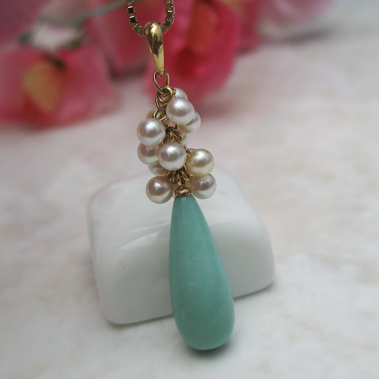 K18トルコ石&あこや真珠ペンダント