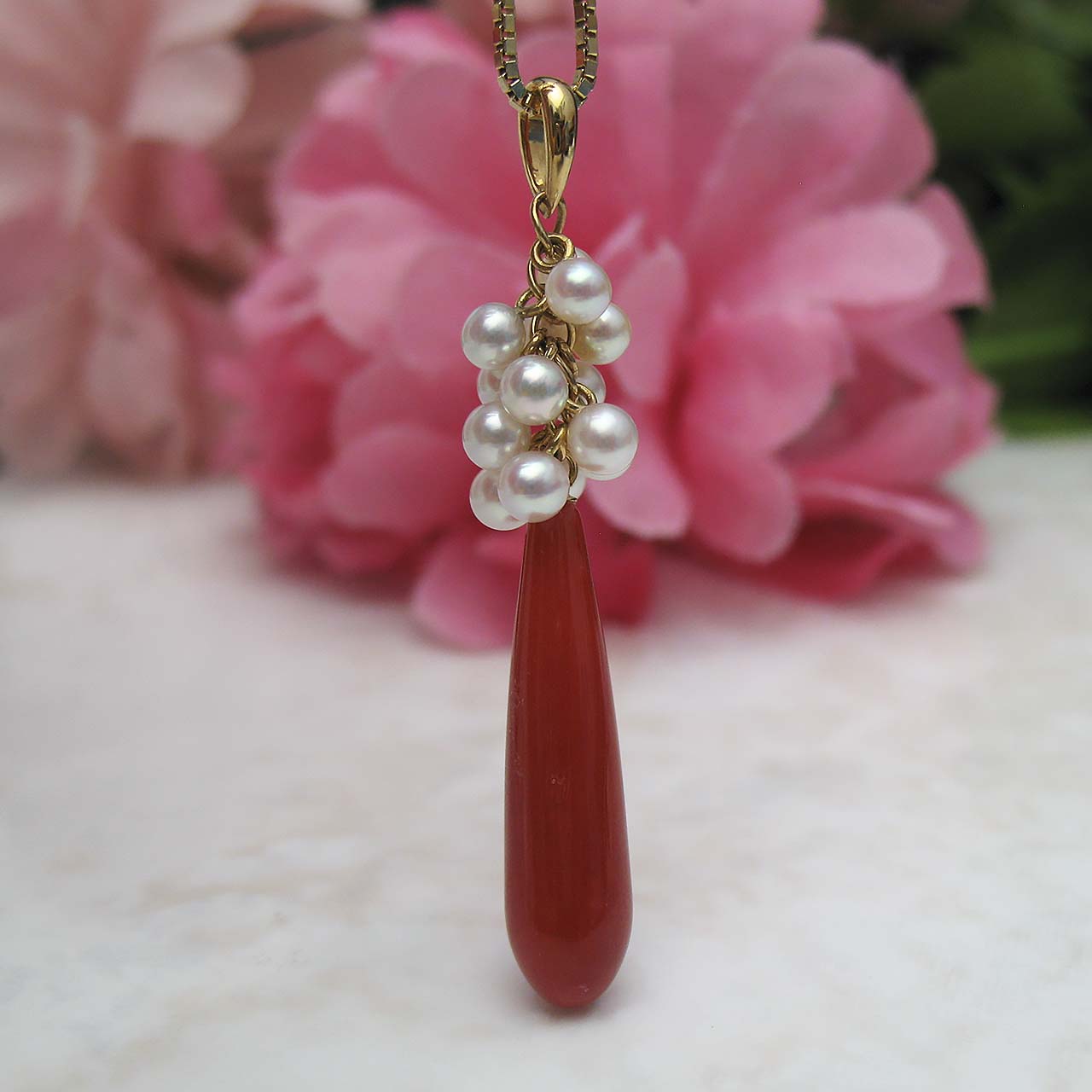 K18珊瑚&あこや真珠ペンダント
