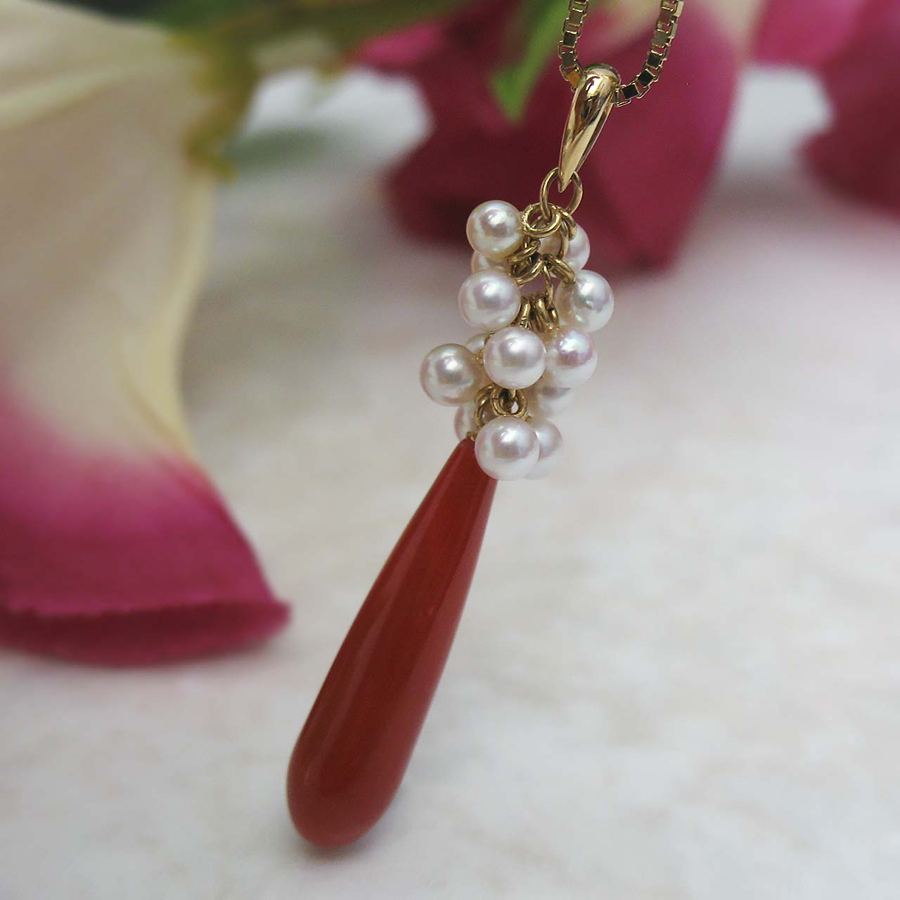 K18珊瑚&あこや真珠ペンダント - 画像 (6)