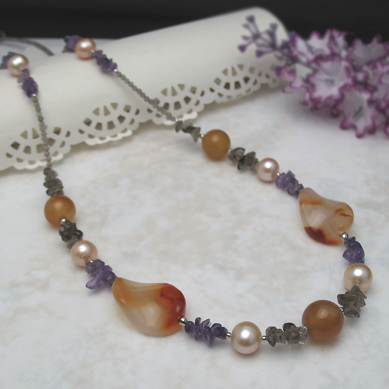 淡水&アメジスト・カーネリアンロングネックレス K805-1