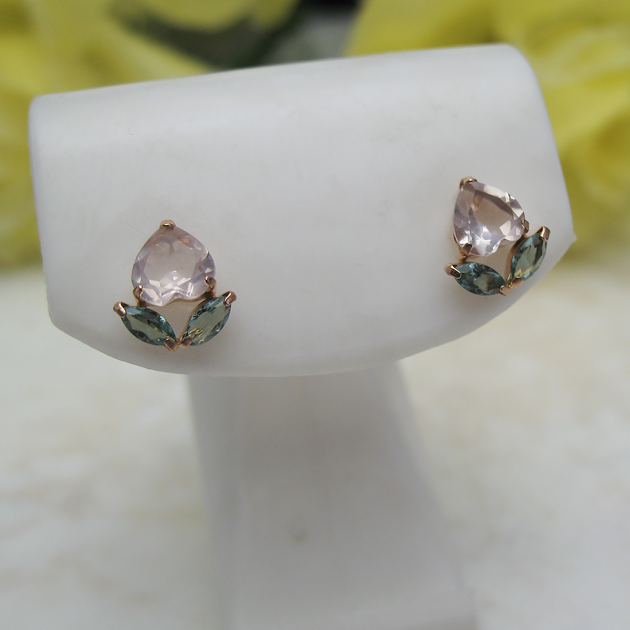 K18PG ローズクォーツ&グリーンクォーツ桃ピアス PE-2340