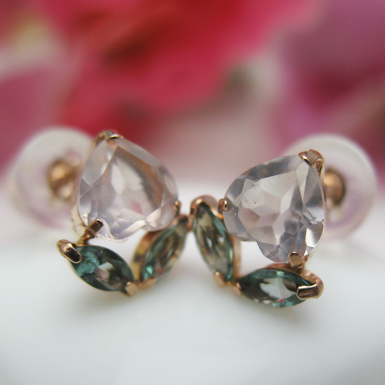 K18PG　ローズクォーツ&グリーンクォーツ桃ピアス　PE-2340 - 画像 (5)