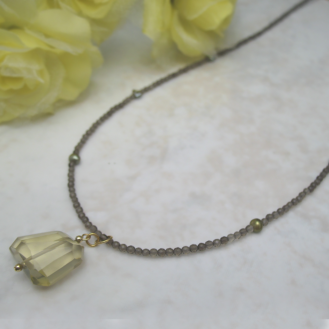 レモンクォーツ・スモーキークォーツ&淡水真珠ネックレス　24-279F - 画像 (5)