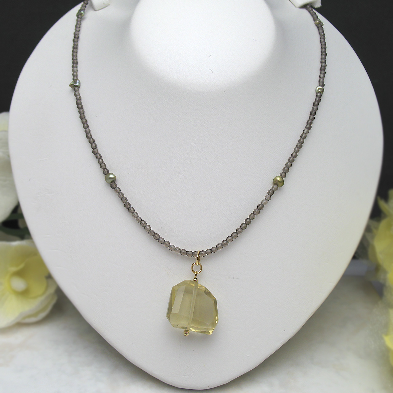 レモンクォーツ・スモーキークォーツ&淡水真珠ネックレス　24-279F - 画像 (2)