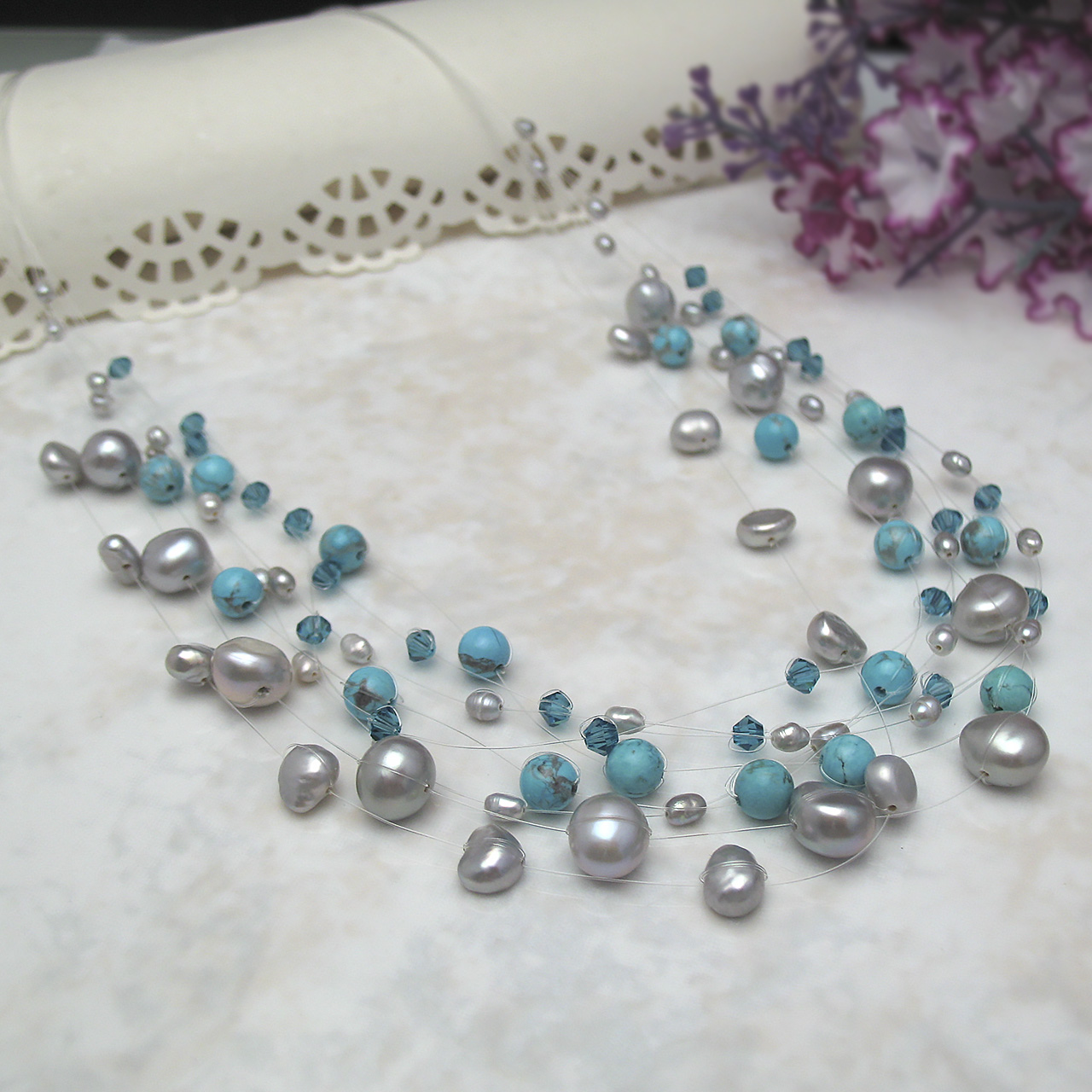 淡水エアパール ステーションネックレス 8連 25-020E