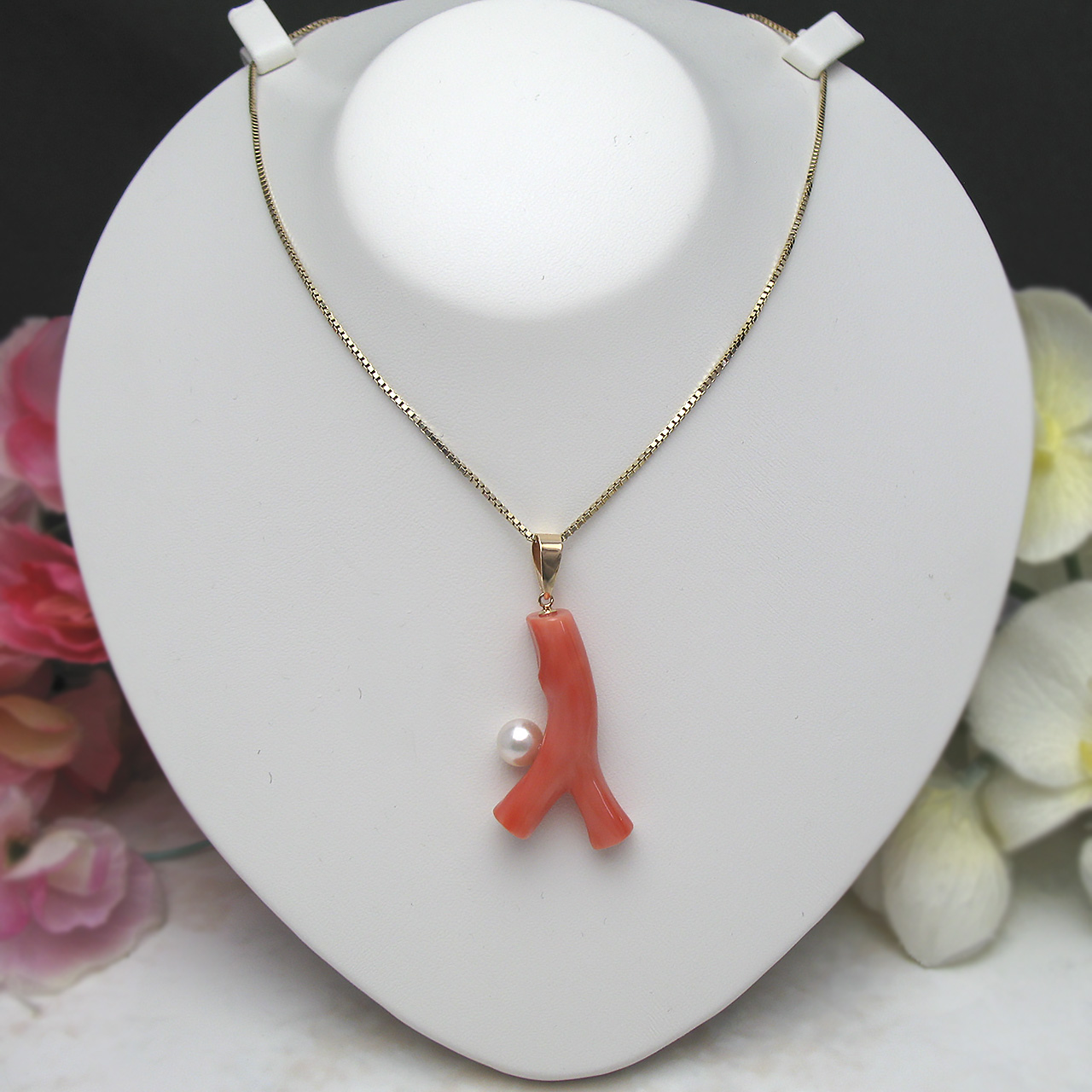 K18桃色珊瑚・あこやペンダント69375 - 画像 (2)