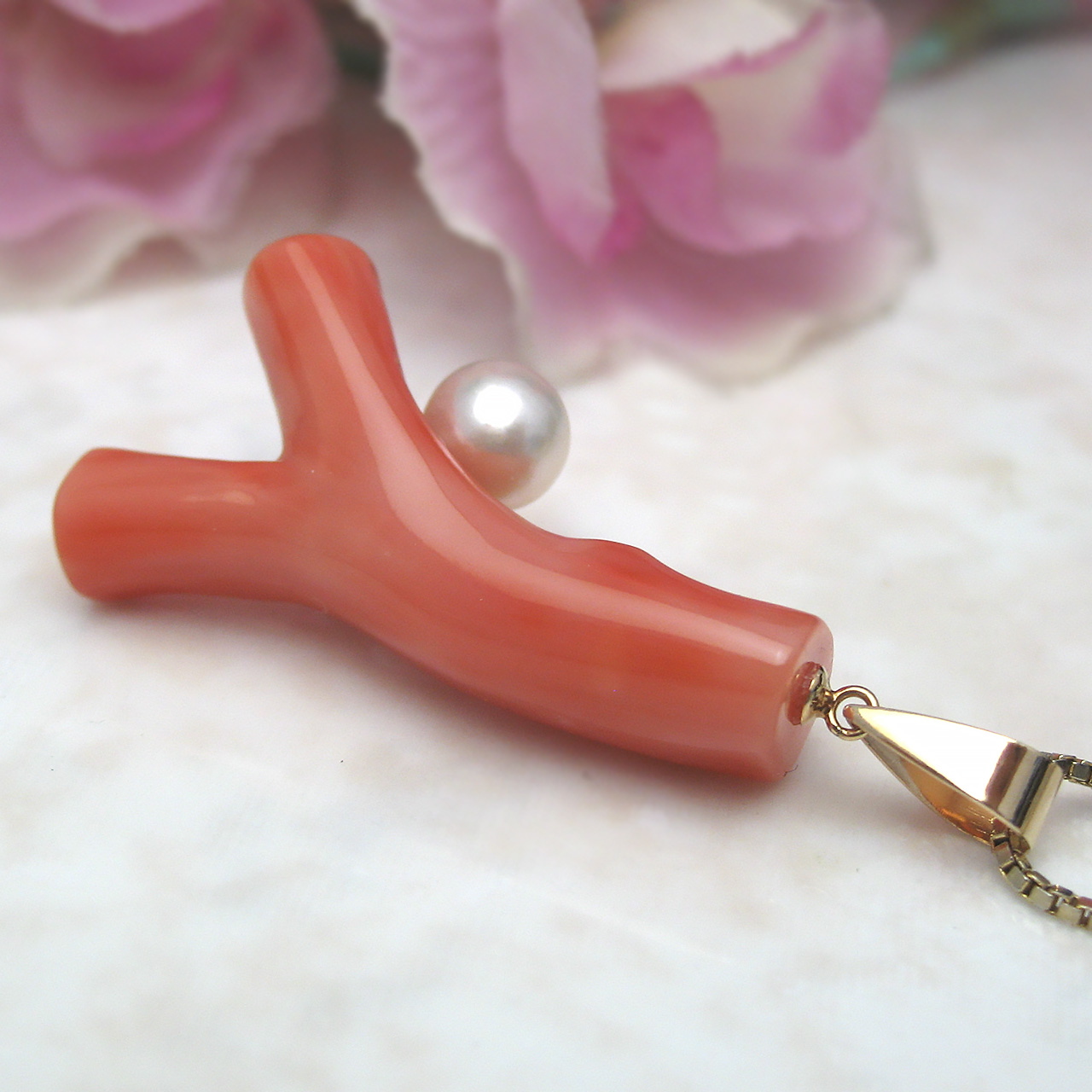 K18桃色珊瑚・あこやペンダント69375 - 画像 (6)