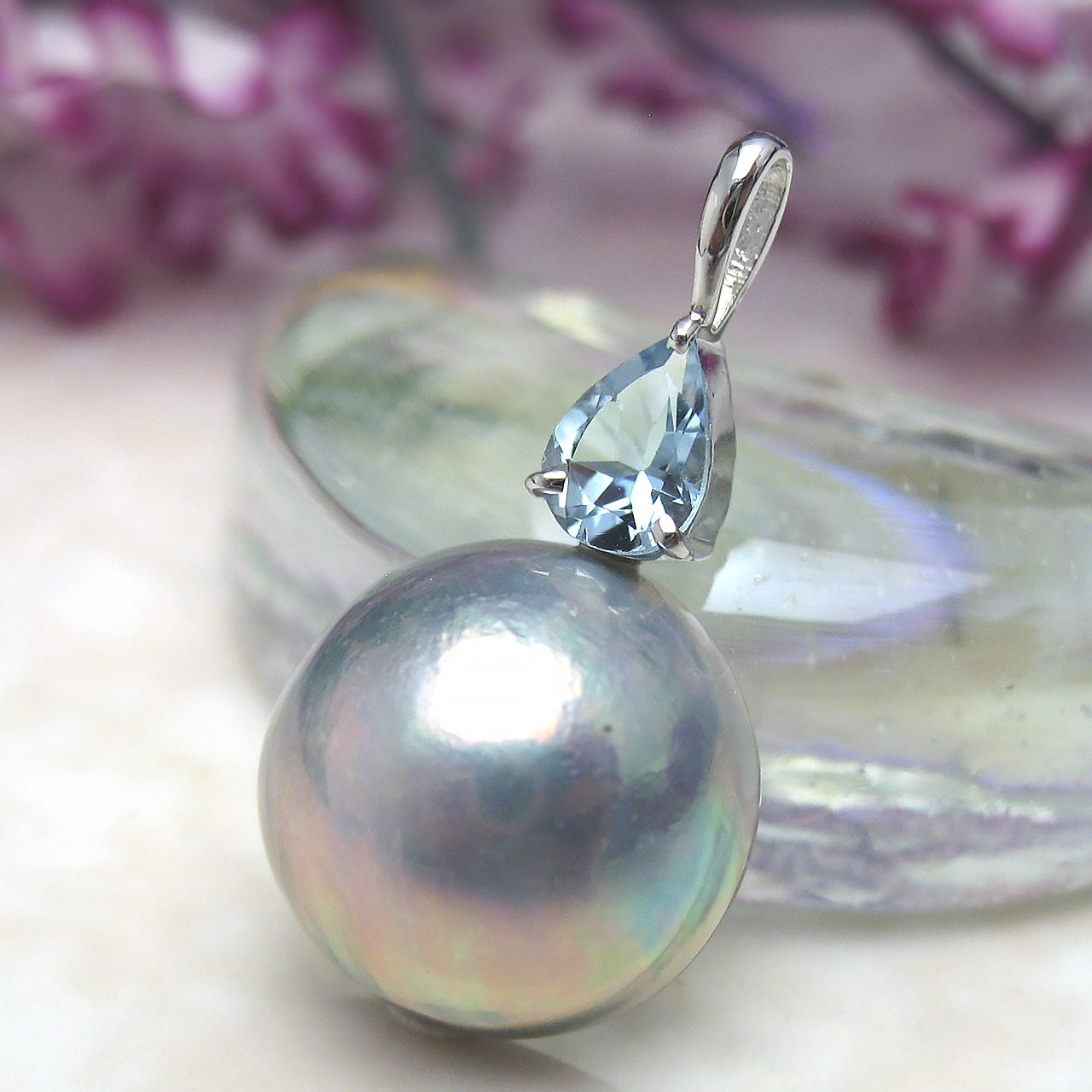 マベ真珠&アクアマリンペンダントSV - 画像 (5)