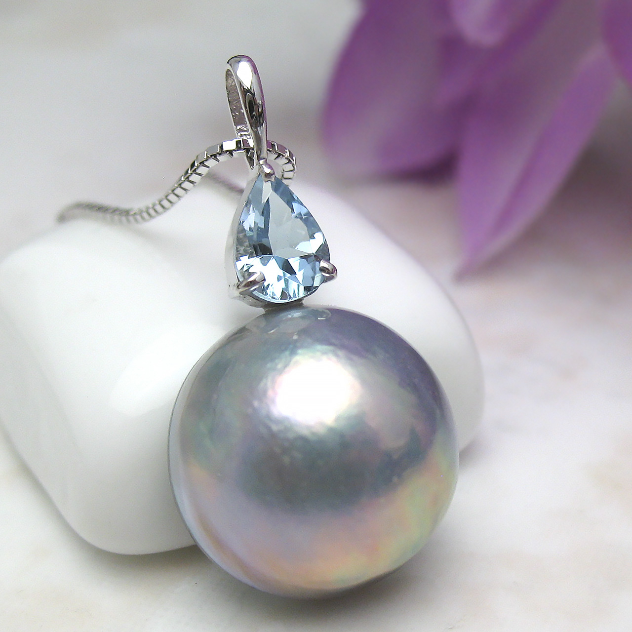 マベ真珠&アクアマリンペンダントSV